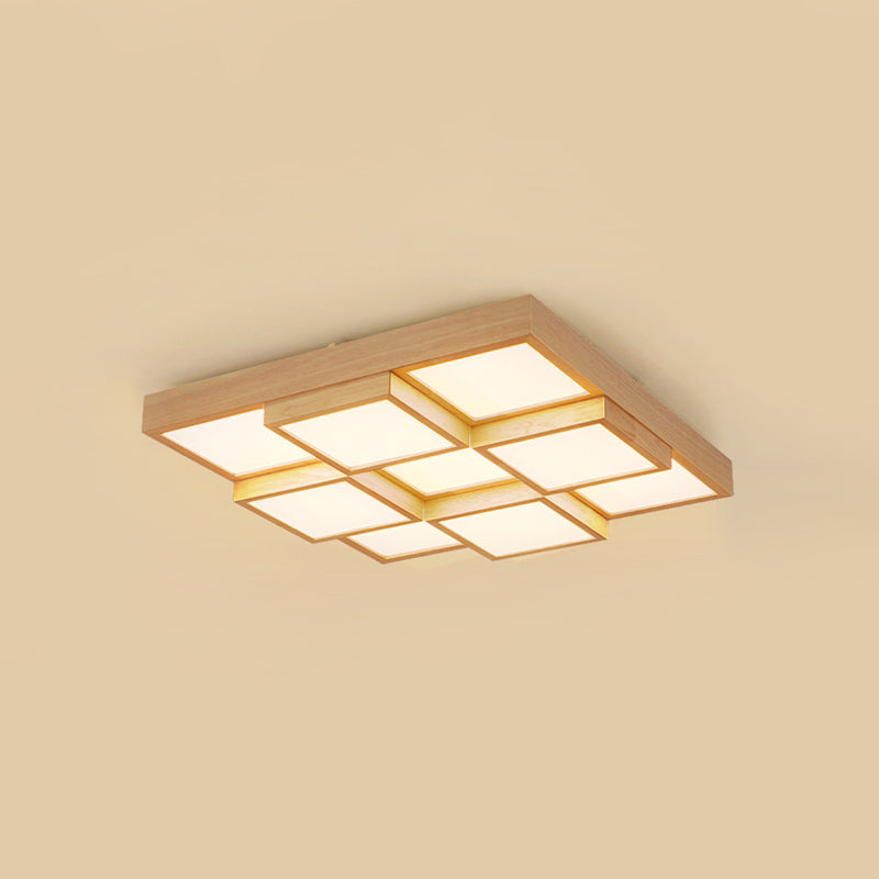 Modern Natural Wood Led Ceiling Lamp - Square Flush Shape With 4/6/9-Light Options In