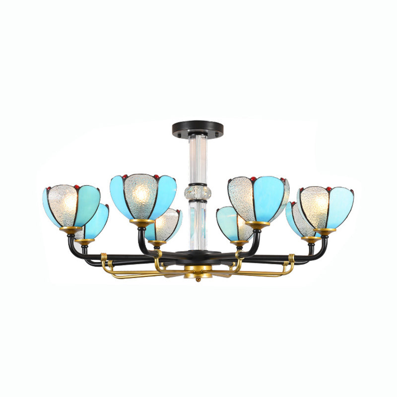 Blue Stained Glass Floral Chandelier - Traditional Pendant Lighting For Living Room 6/8 Lights