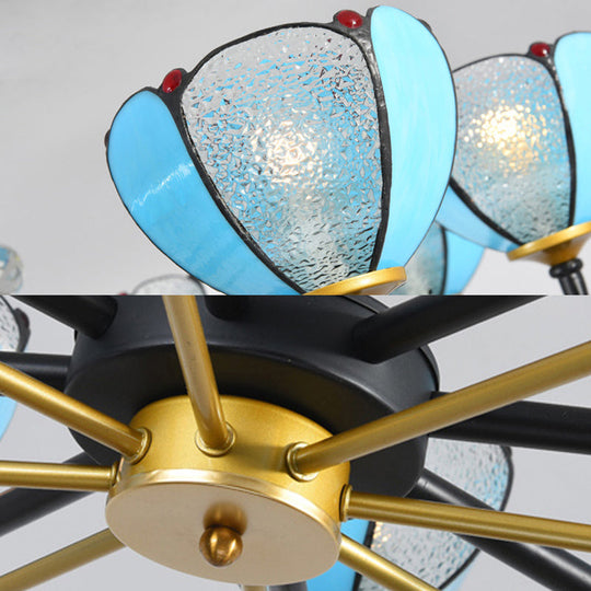 Blue Stained Glass Floral Chandelier - Traditional Pendant Lighting For Living Room 6/8 Lights