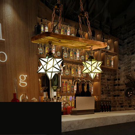 Rustic Star Chandelier Lamp - Wooden Board Design Colorful Glass Perfect For Kitchen