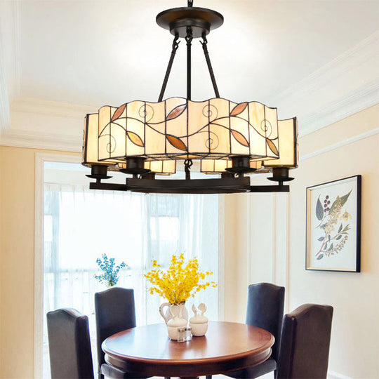 Tiffany Lodge Pendant Light - Stained Glass Drum Chandelier With Leaf Accent Adjustable Hanging In