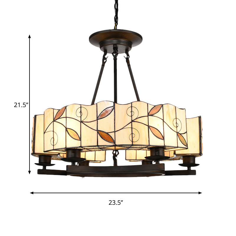 Tiffany Lodge Pendant Light - Stained Glass Drum Chandelier With Leaf Accent Adjustable Hanging In