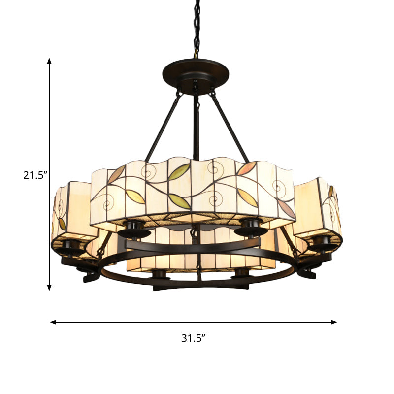 Tiffany Lodge Pendant Light - Stained Glass Drum Chandelier With Leaf Accent Adjustable Hanging In