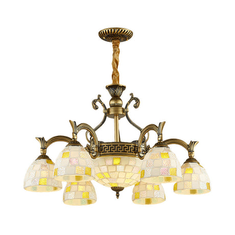 6/8-Light Domed Chandelier With Mosaic White Glass Tiffany Pendant Light - Aged Brass Finish