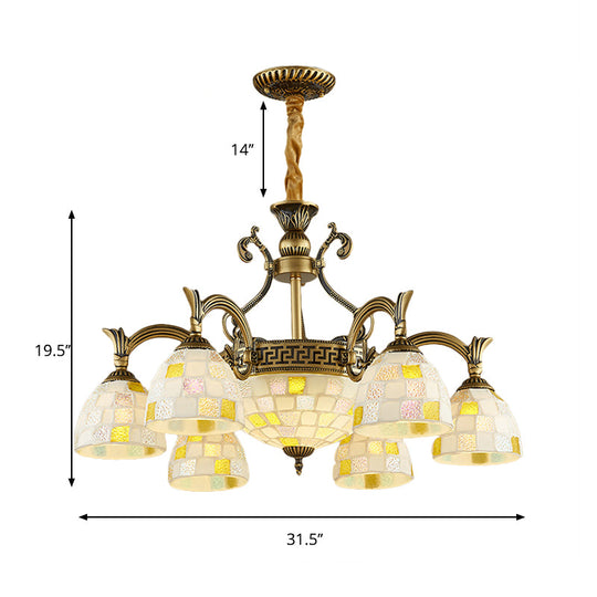 Mosaic Design Tiffany Chandelier With 6/8 Lights In Aged Brass And White Glass Pendant