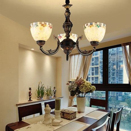 Traditional 3-Light Bowl Chandelier With Beige Glass For Dining Room Pendant Lighting
