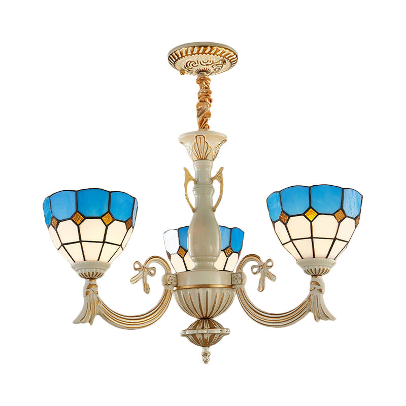 Baroque Bowl Hanging Light With Curved Arm - 3-Light Stained Glass Chandelier In Blue