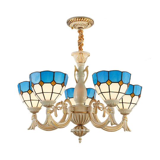 Blue Mediterranean Glass Pendant Light: 5-Light Bowl Chandelier For Elegant Hall Ambiance