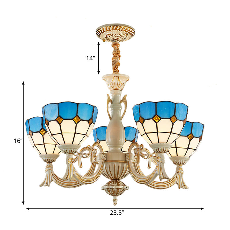 Blue Mediterranean Glass Pendant Chandelier With 5 Lights For Hallway