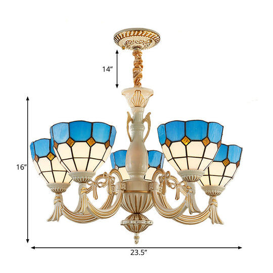 Blue Mediterranean Glass Pendant Chandelier With 5 Lights For Hallway