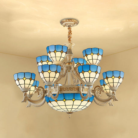 Tiffany Stained Glass Tiered Ceiling Chandelier With 15 Blue Lights - Curved Arm Hanging Light For