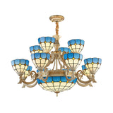 Tiffany Stained Glass Tiered Ceiling Chandelier With 15 Blue Lights - Curved Arm Hanging Light For
