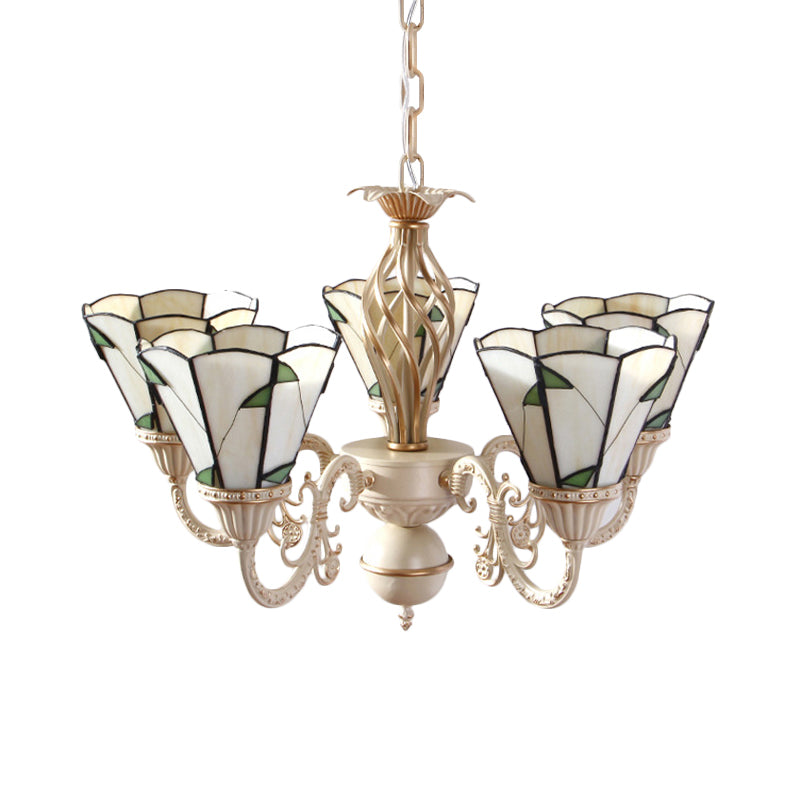 Rustic Green Leaf Chandelier With Beige Glass - 5-Light Hanging Ceiling Fixture For Hall