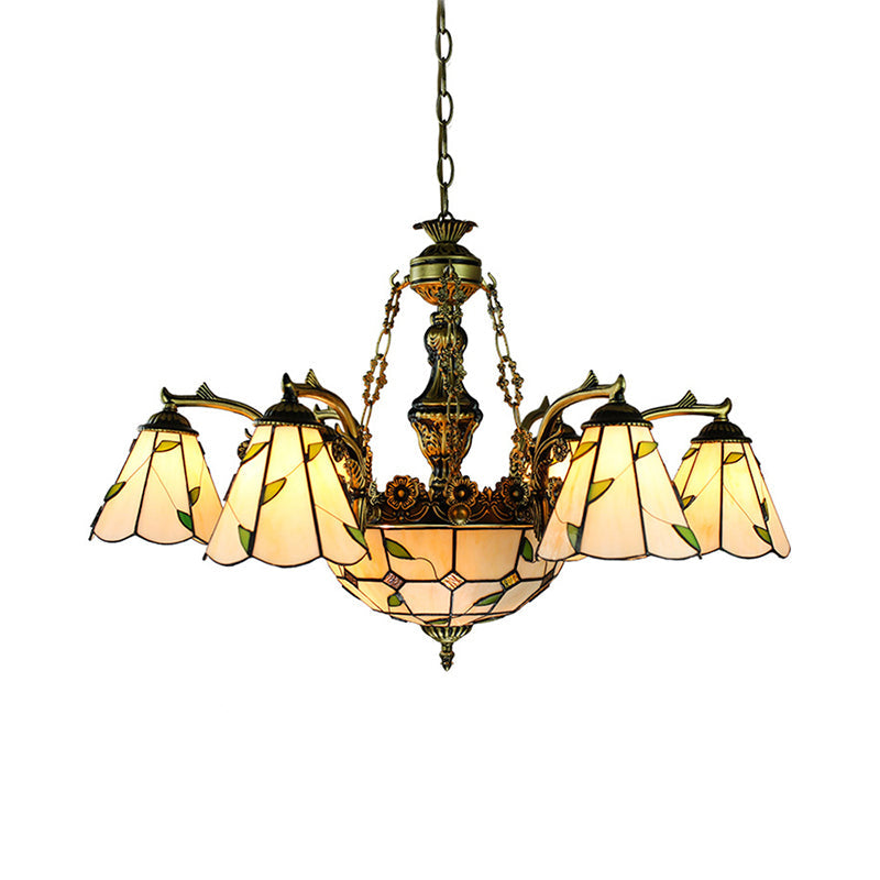Tiffany Stained Glass Chandelier - 9/11 Lights Beige With Leaf Pattern