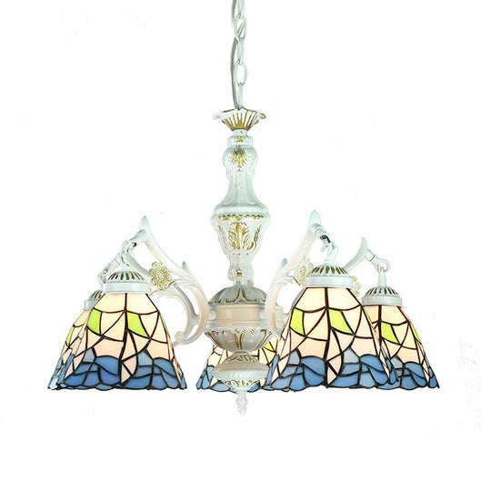 Blue Stained Glass 5-Light Chandelier With Adjustable Chain For Foyer