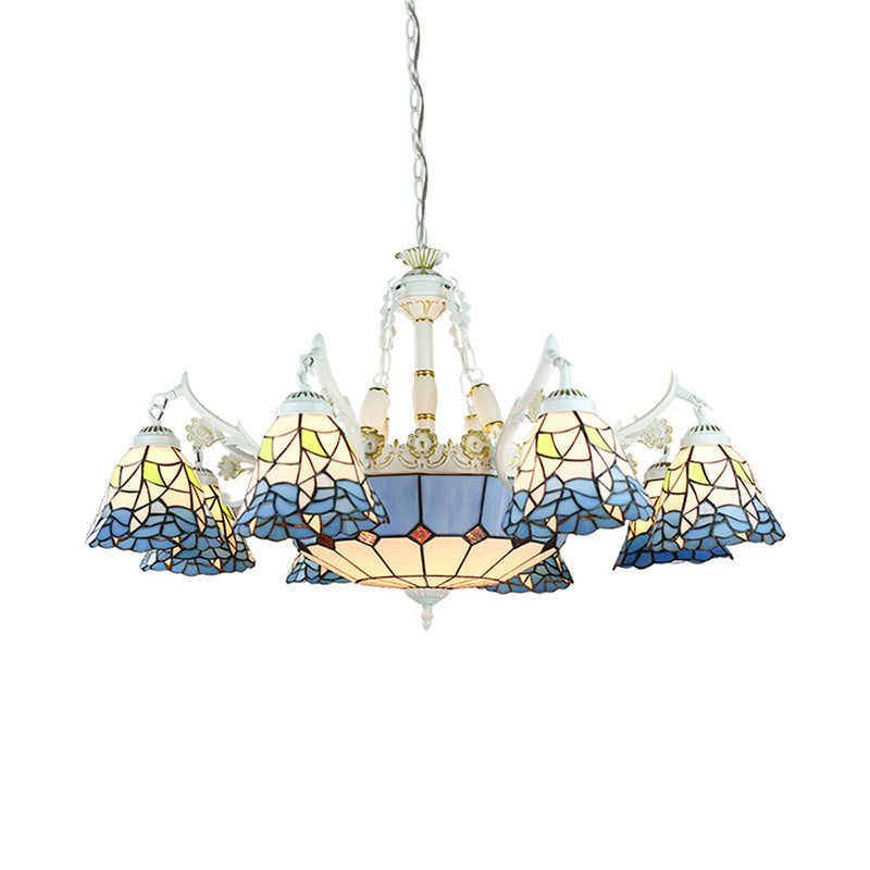 White Stained Glass Chandelier - 11 Lights Tiffany Pendant Ceiling Light With Floral & Geometric