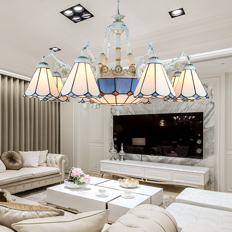 Tiffany Stained Glass Hanging Chandelier - 11 Light Pendant Ceiling With Flower/Square/Diamond/Gem