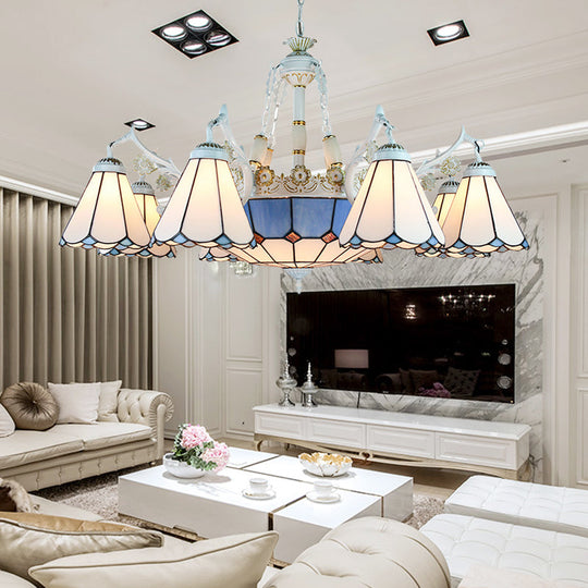 White Stained Glass Chandelier - 11 Lights Tiffany Pendant Ceiling Light With Floral & Geometric