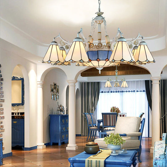 White Stained Glass Chandelier - 11 Lights Tiffany Pendant Ceiling Light With Floral & Geometric