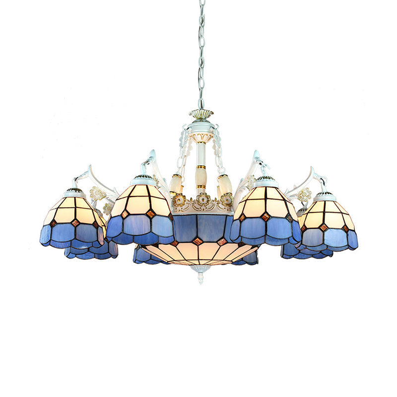 Tiffany Stained Glass Hanging Chandelier - 11 Light Pendant Ceiling With Flower/Square/Diamond/Gem