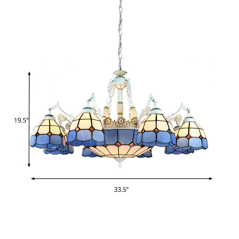 Tiffany Stained Glass Hanging Chandelier - 11 Light Pendant Ceiling With Flower/Square/Diamond/Gem