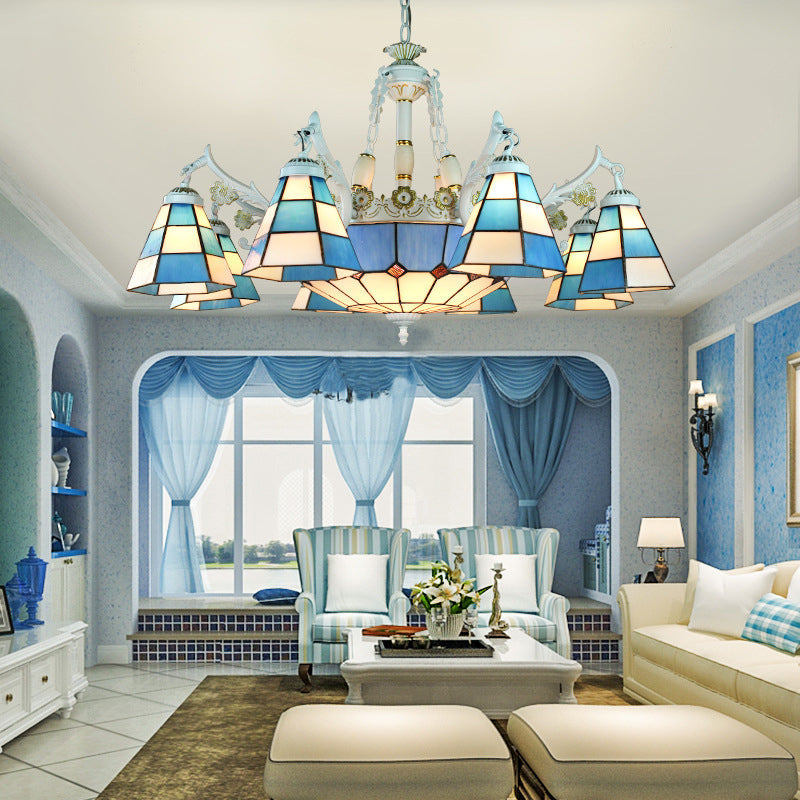 White Stained Glass Chandelier - 11 Lights Tiffany Pendant Ceiling Light With Floral & Geometric