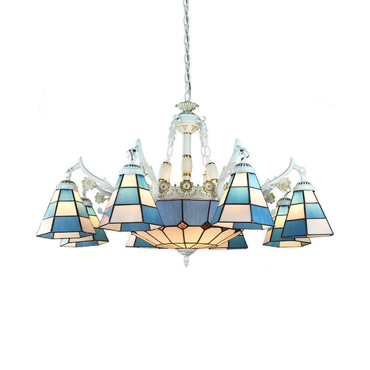 White Stained Glass Chandelier - 11 Lights Tiffany Pendant Ceiling Light With Floral & Geometric