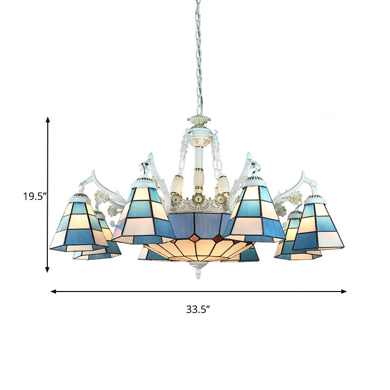 Tiffany Stained Glass Hanging Chandelier - 11 Light Pendant Ceiling With Flower/Square/Diamond/Gem