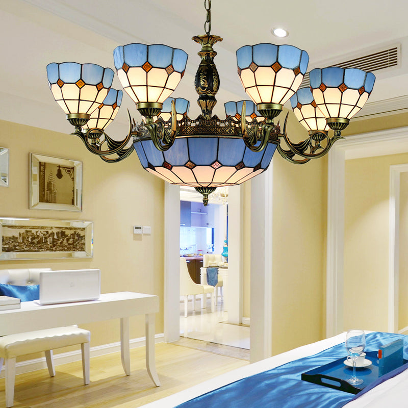 Mediterraner Kronleuchter aus geschliffenem Glas in blauer Schalenform mit 11 Lichtern