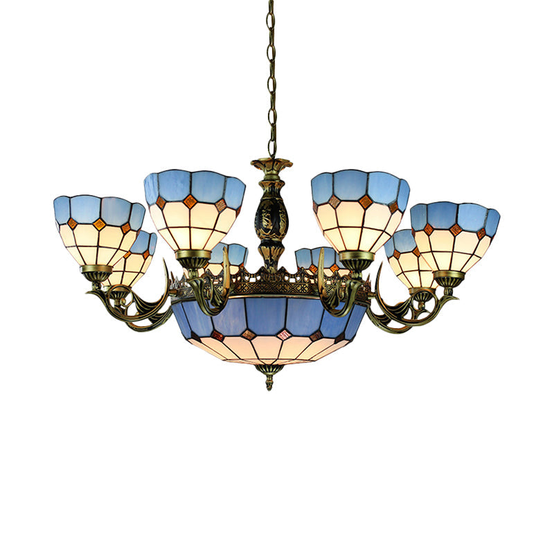Mediterraner Kronleuchter aus geschliffenem Glas in blauer Schalenform mit 11 Lichtern