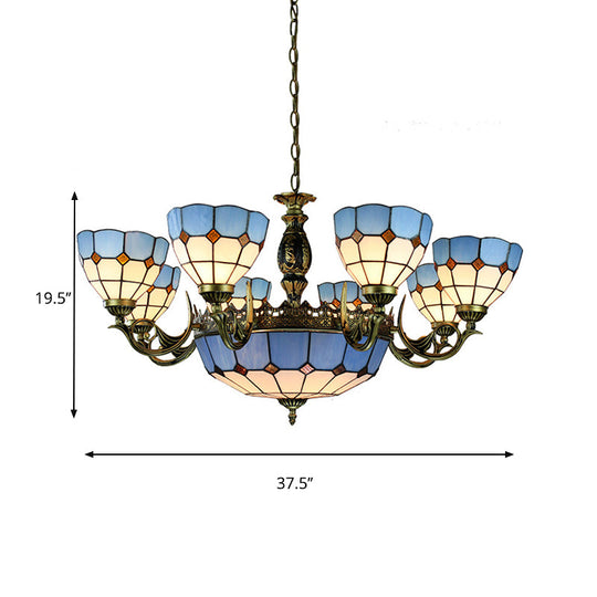Mediterraner Kronleuchter aus geschliffenem Glas in blauer Schalenform mit 11 Lichtern