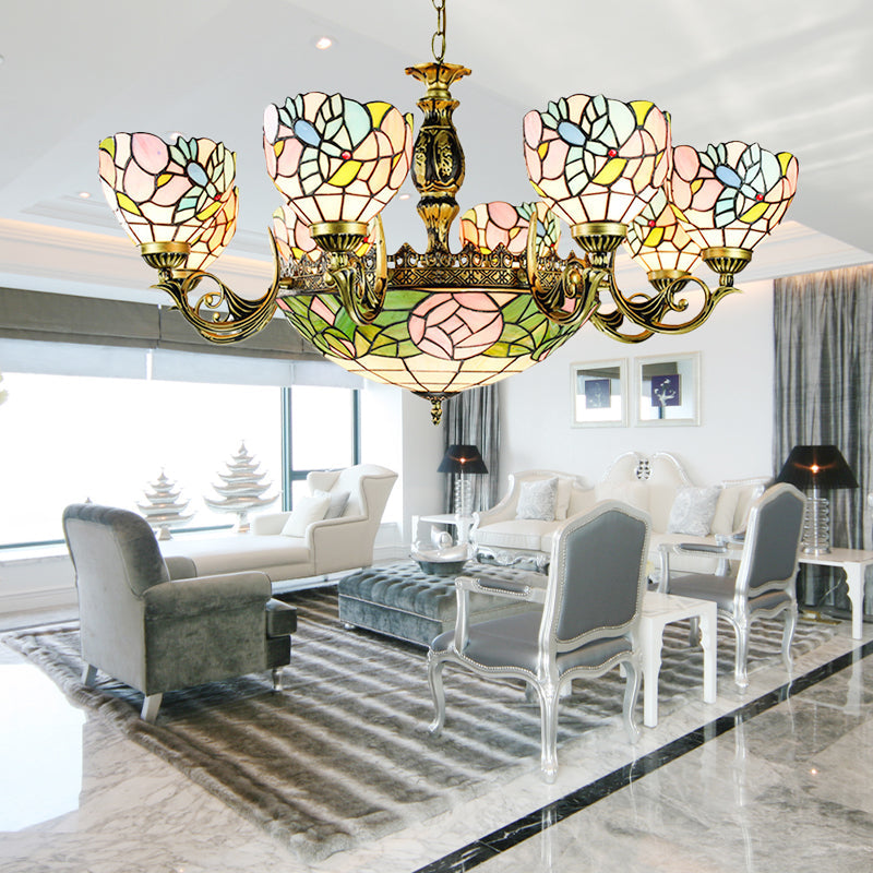 Buntglas-Pendelleuchte mit Blumen- und Schalendesign – perfekt für Wohnzimmer im Lodge-Stil