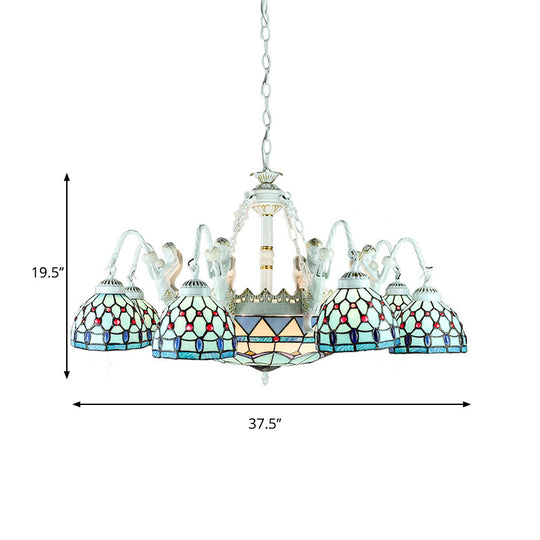 Tiffany Stained Glass Chandelier With Mediterranean Gem And Flower Design - 11-Light White Pendant