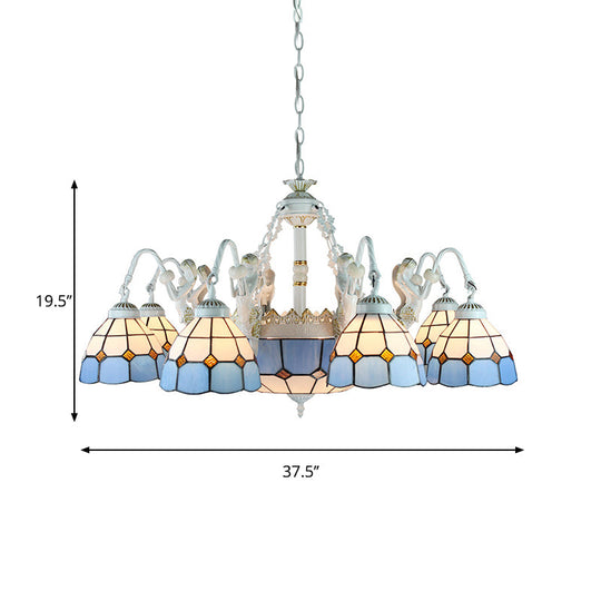 Tiffany Stained Glass Chandelier With Mediterranean Gem And Flower Design - 11-Light White Pendant