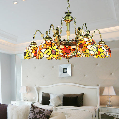 9/11 Lights Tiffany Sunflower Cut Glass Chandelier Pendant Lamp - Orange For Bedroom