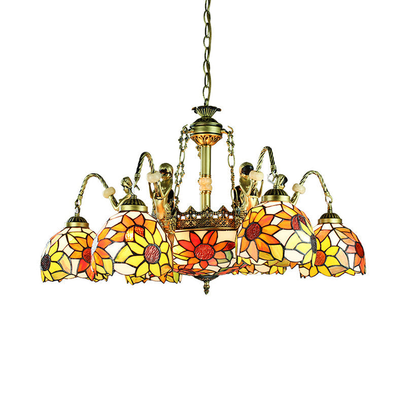9/11 Lights Tiffany Sunflower Cut Glass Chandelier Pendant Lamp - Orange For Bedroom