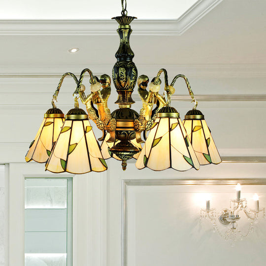 Conical Pendant Chandelier - 5-Light Tiffany Style Fixture In Beige With Cut Glass Accents