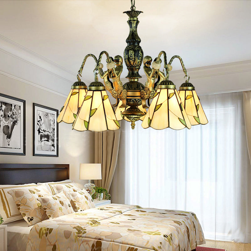 Conical Pendant Chandelier - 5-Light Tiffany Style Fixture In Beige With Cut Glass Accents