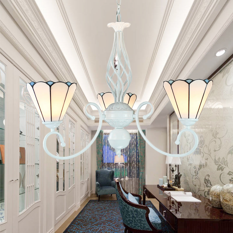 Adjustable 3-Light White Glass Cone Ceiling Chandelier With Curved Arm For Foyer Pendant Lighting