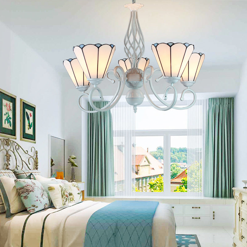 Adjustable White Glass Cone Chandelier With 5 Lights - Traditional Pendant Light For Bedroom