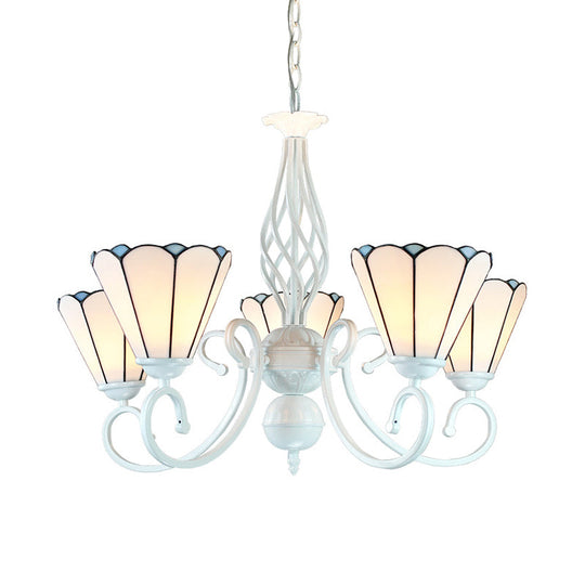 Adjustable White Glass Cone Chandelier With 5 Lights - Traditional Pendant Light For Bedroom