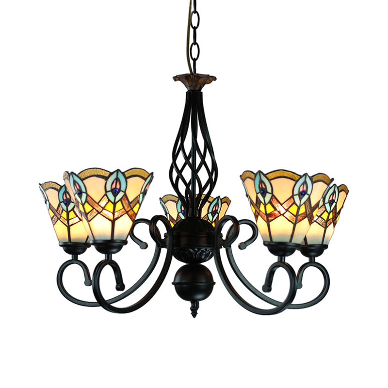 Peacock Stained Glass Chandelier: 5-Light Cone Pendant For Bedroom