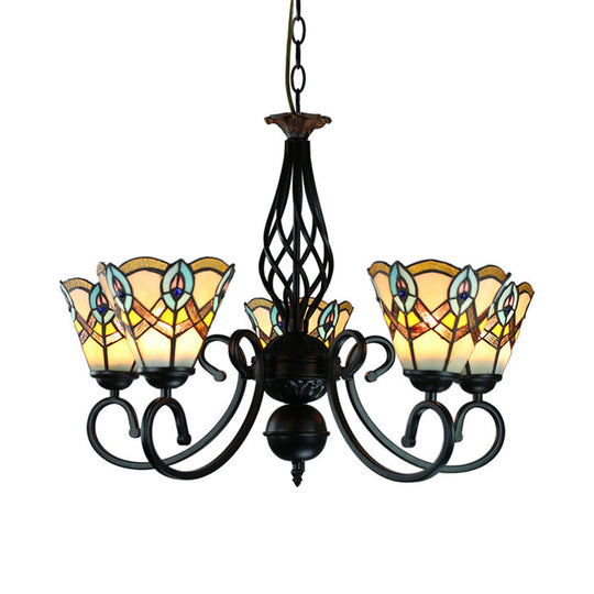 Peacock Stained Glass Chandelier: 5-Light Cone Pendant For Bedroom