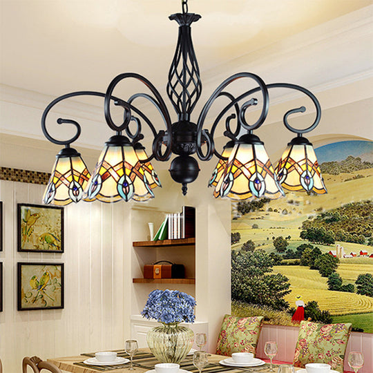 Peacock Design Conical Chandelier With Stained Glass - Rustic Pendant Lighting (6/8 Lights)