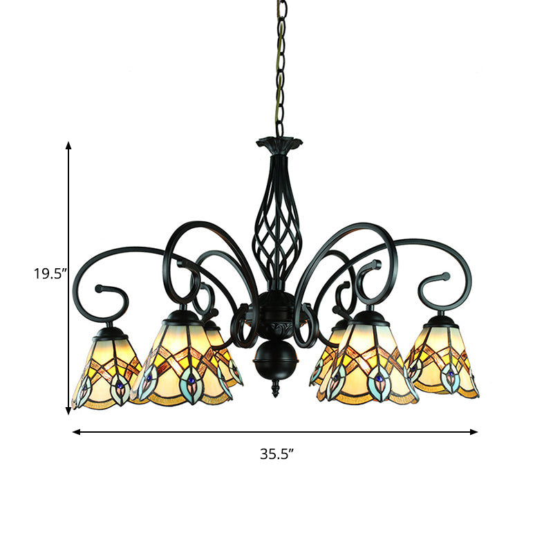 Peacock Design Conical Chandelier With Stained Glass - Rustic Pendant Lighting (6/8 Lights)