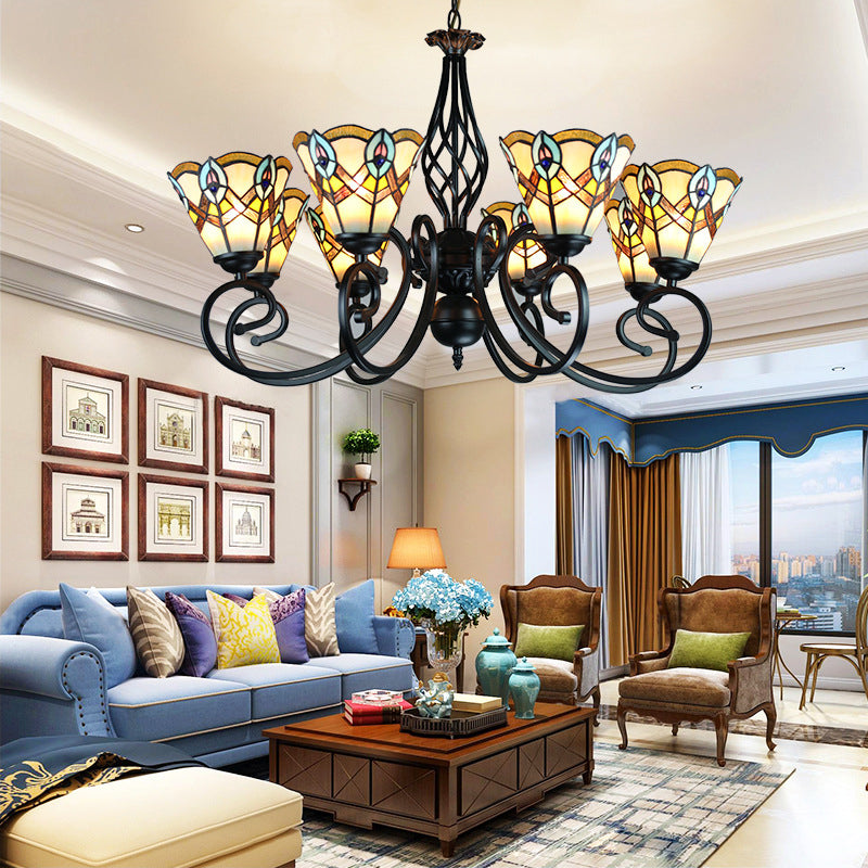 Peacock Design Conical Chandelier With Stained Glass - Rustic Pendant Lighting (6/8 Lights) 8 /