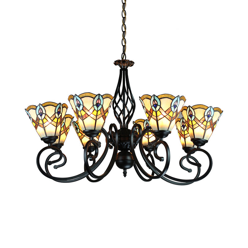 Peacock Design Conical Chandelier With Stained Glass - Rustic Pendant Lighting (6/8 Lights)