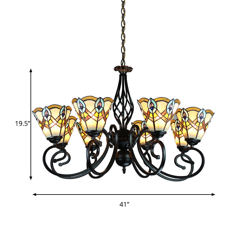 Peacock Design Conical Chandelier With Stained Glass - Rustic Pendant Lighting (6/8 Lights)