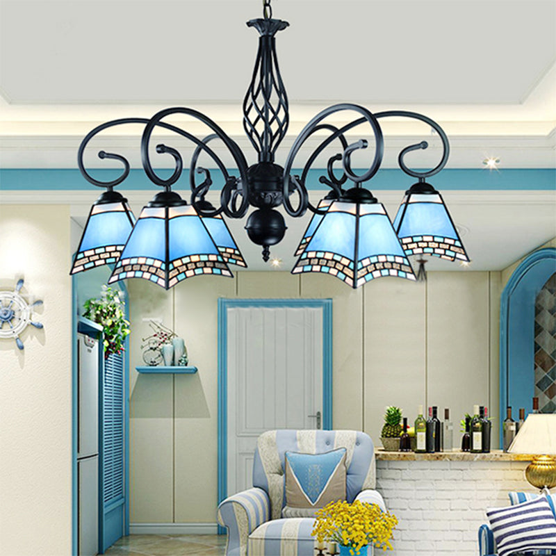 Nautical 6-Light Blue Glass Pyramid Ceiling Hanging Fixture For Living Room