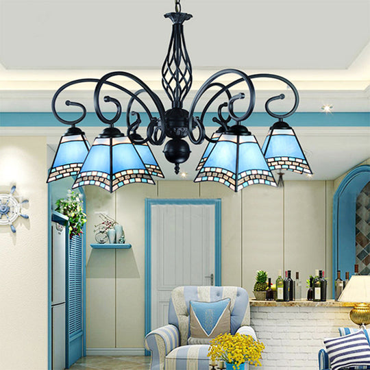 Nautical 6-Light Blue Glass Pyramid Ceiling Hanging Fixture For Living Room